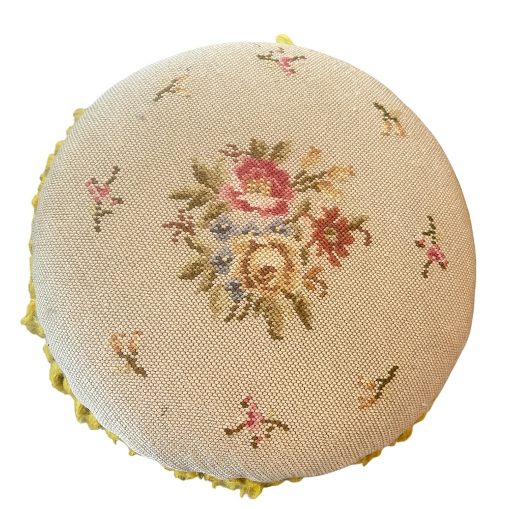 Antique Round Tan Floral Tapestry‎ Needlepoint wood Footstool Stool
